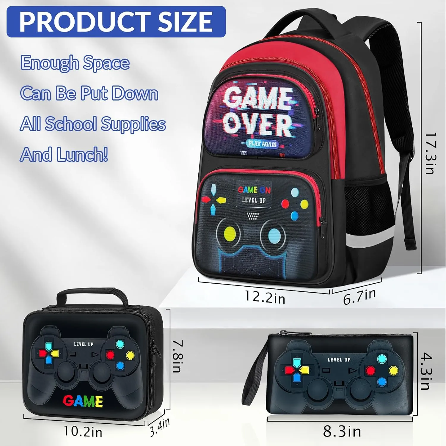 School Backpack for Boys - 3pcs Gamer Boys Backpack with Lunch Box Set for Kids Teens Elementary Middle School - 17″ Video Game Bookbag Travel Back Pack for Age 6-18