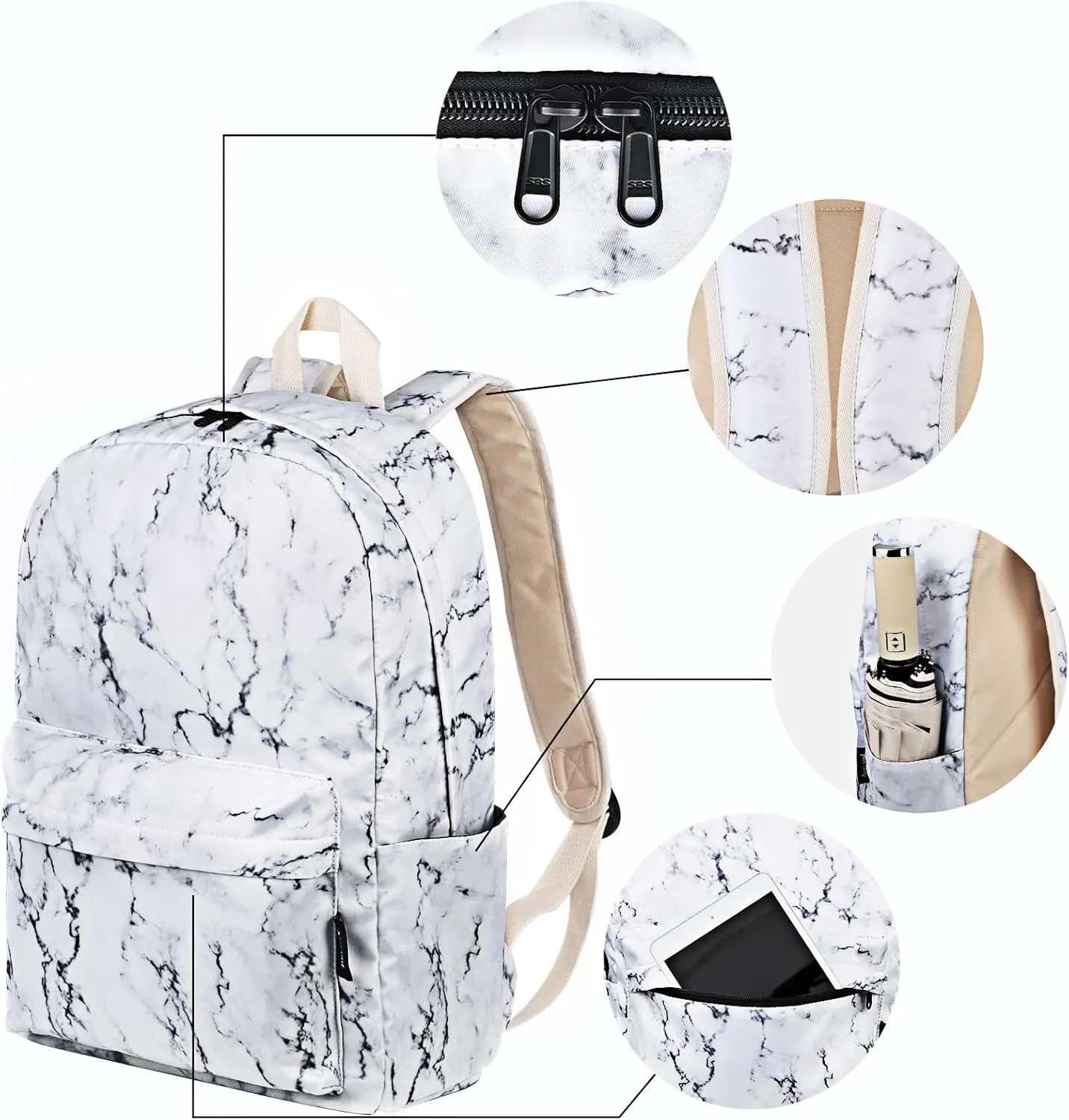 School Backpack for Girls, Water Resistant Bookbag for Teen Girls Womens Backpack with Lunch Bag (Marble White)