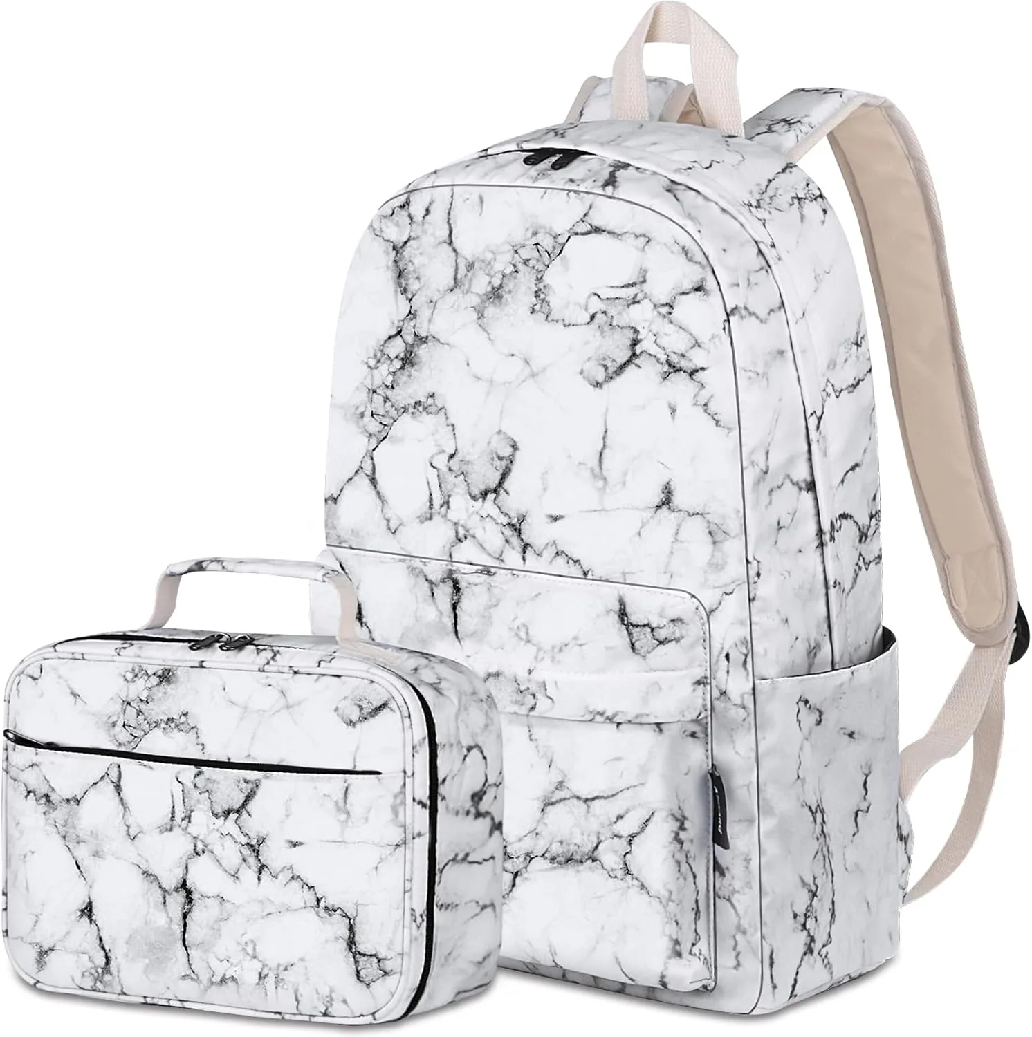 School Backpack for Girls, Water Resistant Bookbag for Teen Girls Womens Backpack with Lunch Bag (Marble White)