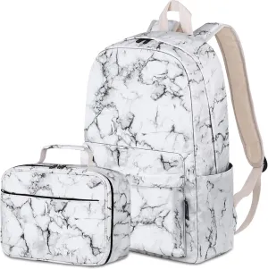 School Backpack for Girls, Water Resistant Bookbag for Teen Girls Womens Backpack with Lunch Bag (Marble White)