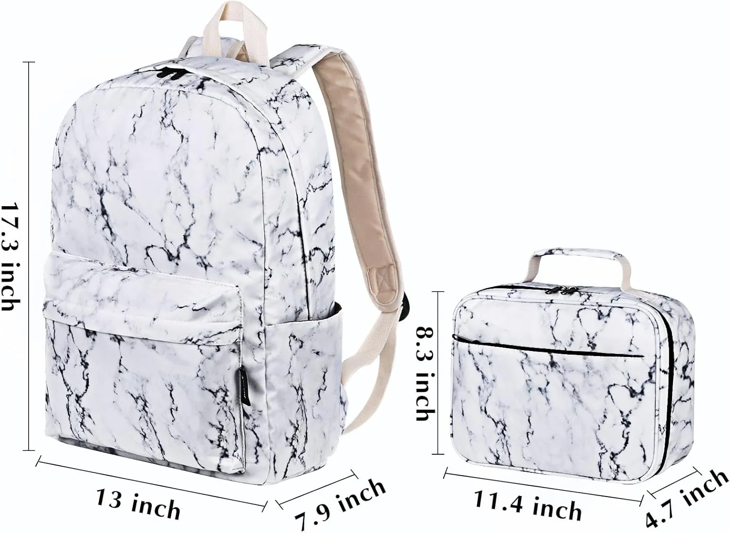 School Backpack for Girls, Water Resistant Bookbag for Teen Girls Womens Backpack with Lunch Bag (Marble White)