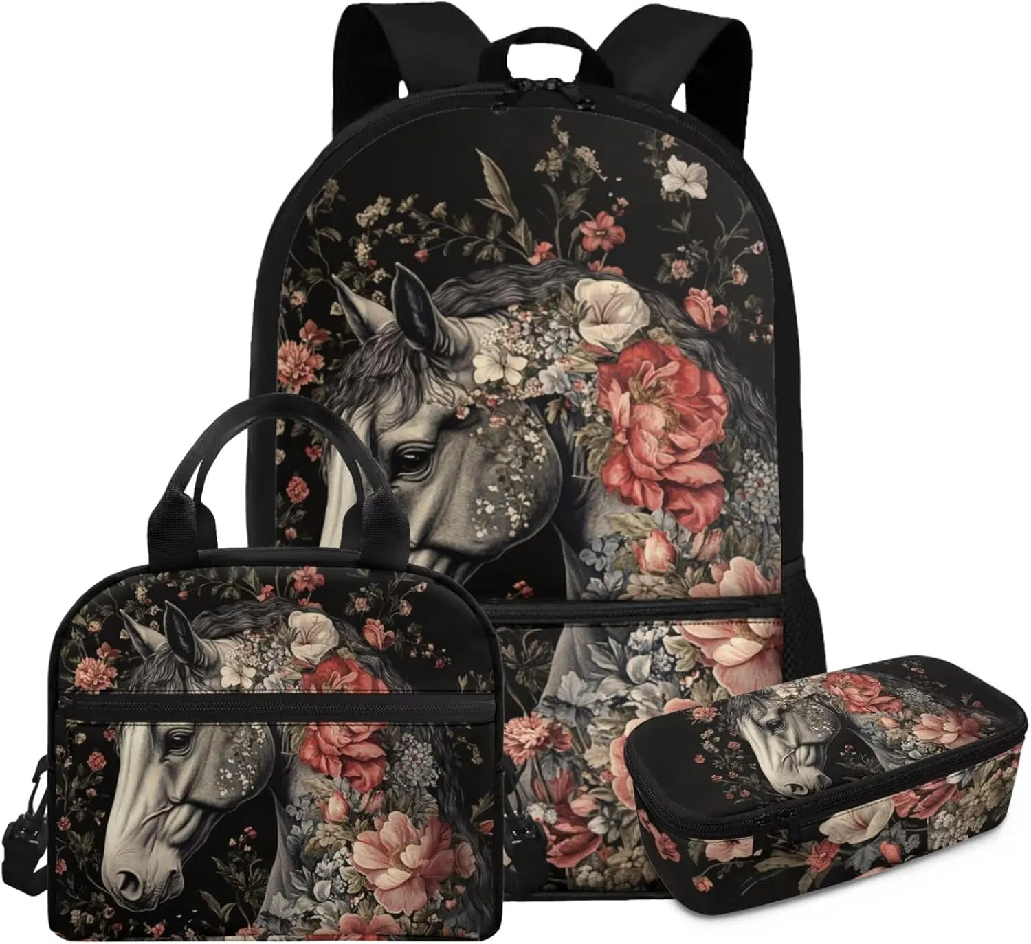 School Backpack with Lunchbox for 4th Grade Girls Ages 9-10 Lightweight Horse Bookbag and Lunch Kit Set Ergonomic for Outdoor Travel and Classroom