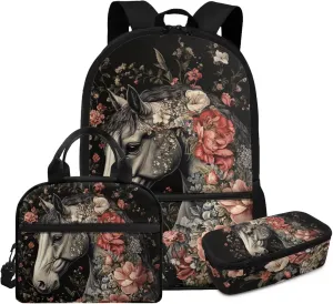School Backpack with Lunchbox for 4th Grade Girls Ages 9-10 Lightweight Horse Bookbag and Lunch Kit Set Ergonomic for Outdoor Travel and Classroom