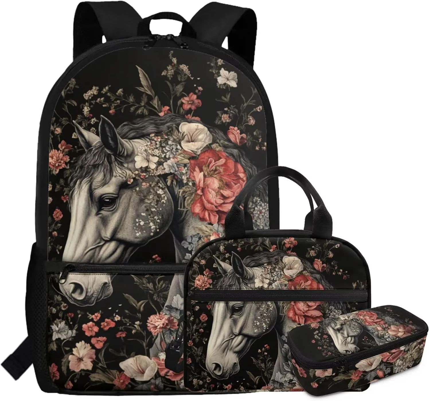 School Backpack with Lunchbox for 4th Grade Girls Ages 9-10 Lightweight Horse Bookbag and Lunch Kit Set Ergonomic for Outdoor Travel and Classroom
