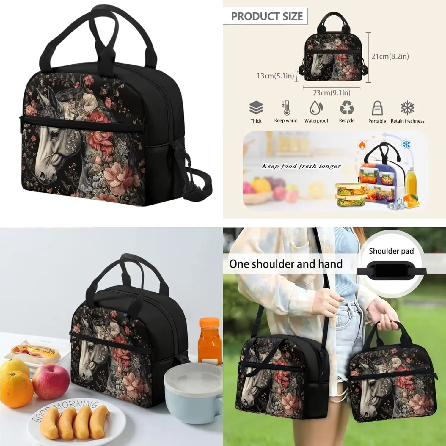 School Backpack with Lunchbox for 4th Grade Girls Ages 9-10 Lightweight Horse Bookbag and Lunch Kit Set Ergonomic for Outdoor Travel and Classroom
