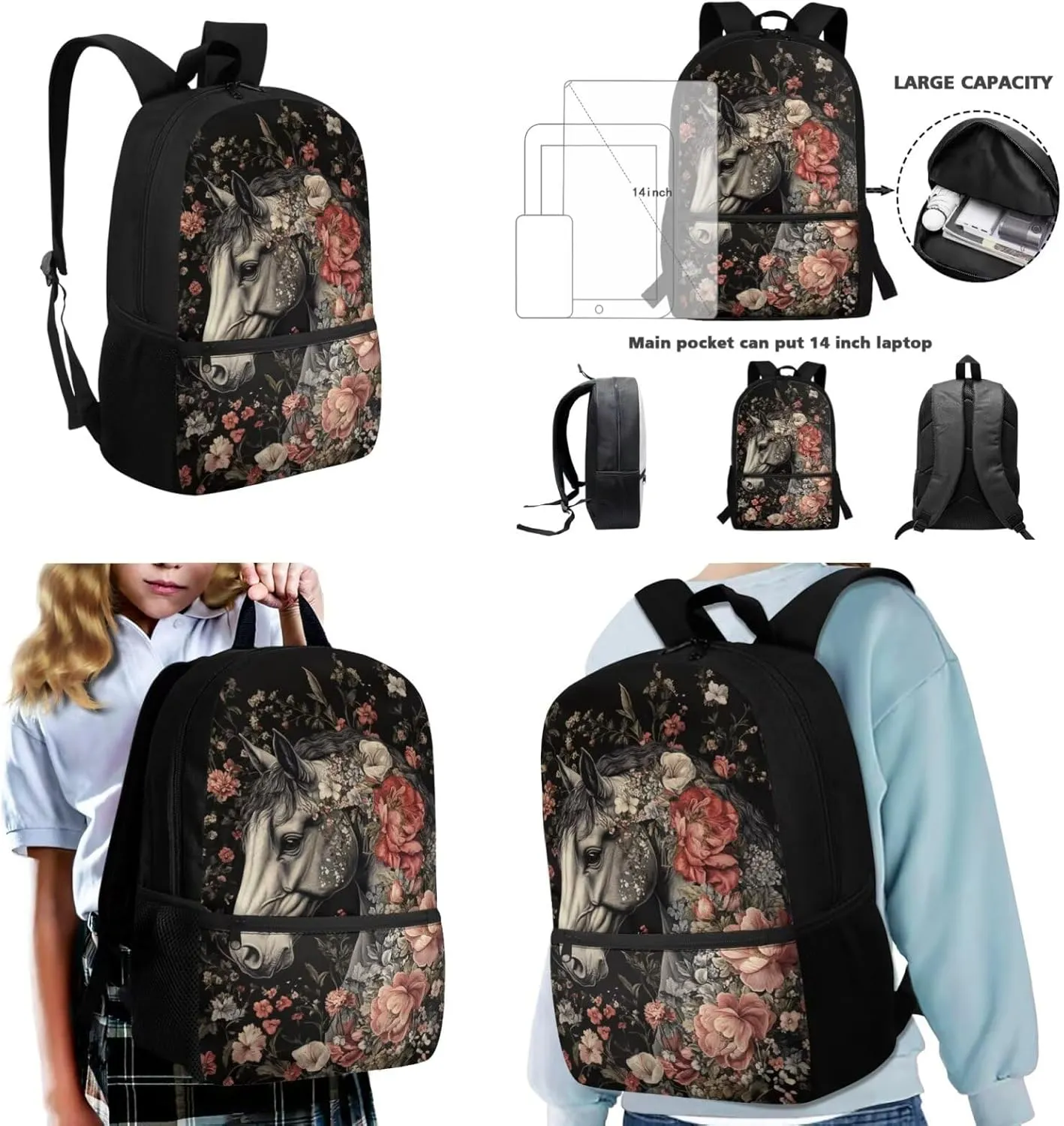 School Backpack with Lunchbox for 4th Grade Girls Ages 9-10 Lightweight Horse Bookbag and Lunch Kit Set Ergonomic for Outdoor Travel and Classroom