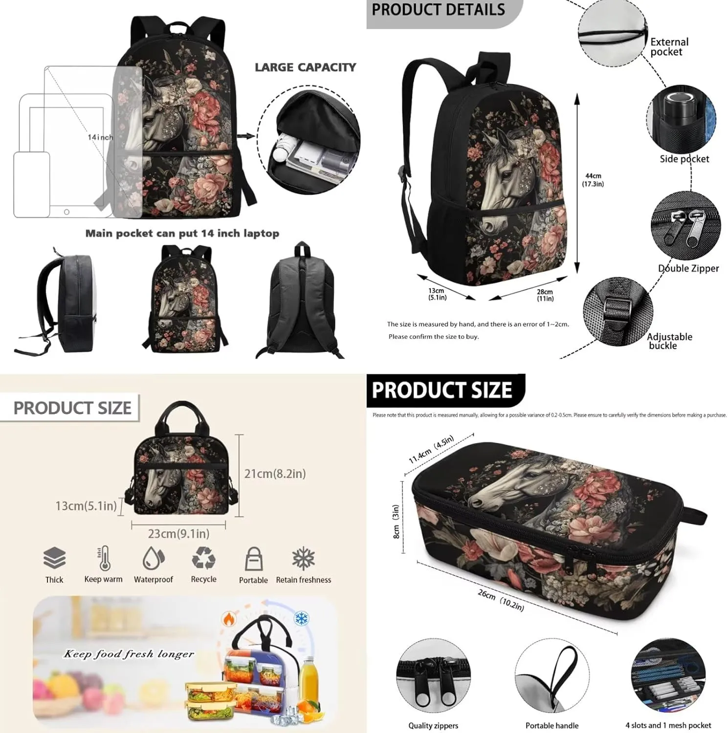 School Backpack with Lunchbox for 4th Grade Girls Ages 9-10 Lightweight Horse Bookbag and Lunch Kit Set Ergonomic for Outdoor Travel and Classroom