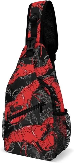 Seafood Lobster Sling Bag Crossbody for Women Men Lightweight Adjustable Extender Strap Hand Drawn Shoulder Backpack with Water Bottle Holder Casual Daypack for Hiking Travel