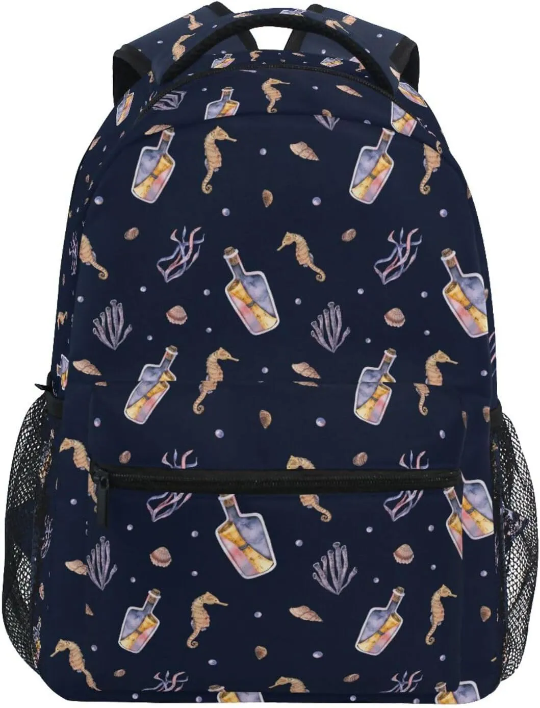 Seahorse Drift Bottle Seaweed Backpack Water-Resistant Lightweight Bookbags Travel Bag with Mesh Side Pockets