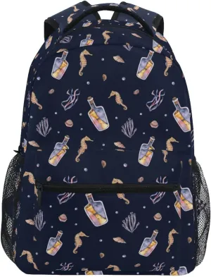 Seahorse Drift Bottle Seaweed Backpack Water-Resistant Lightweight Bookbags Travel Bag with Mesh Side Pockets