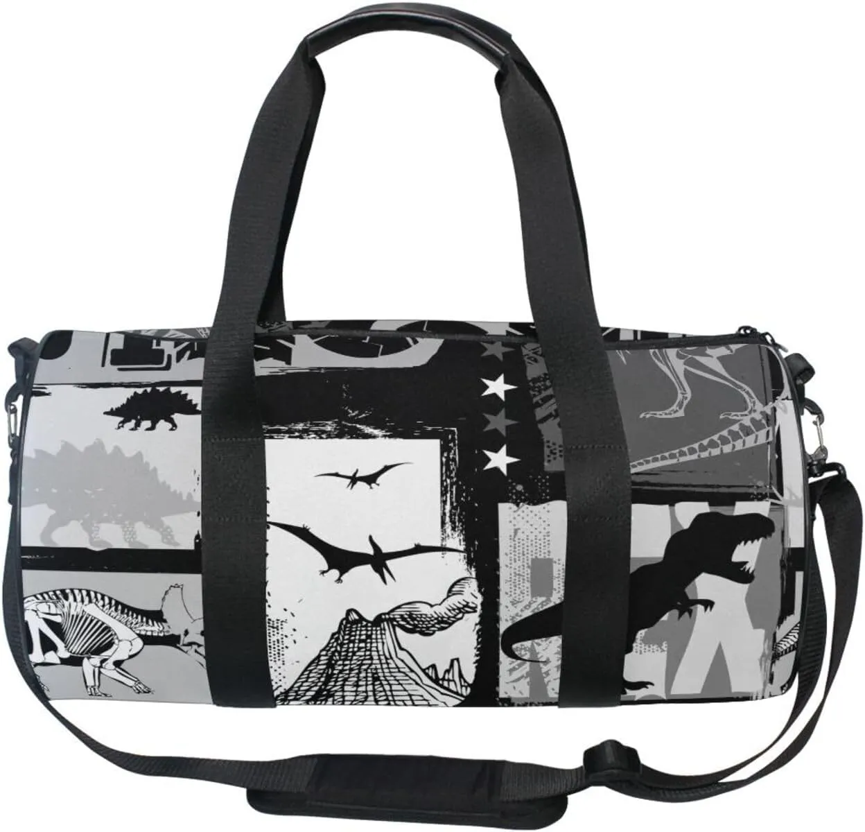 Seamless Dinosaurs White Black Patchwork Portable Gym Bag, Travel Bag, Luggage bag, Sports Bag, Toiletry Bag with Handles, Detachable Shoulder Strap 17.6 x 9 x 9 inch