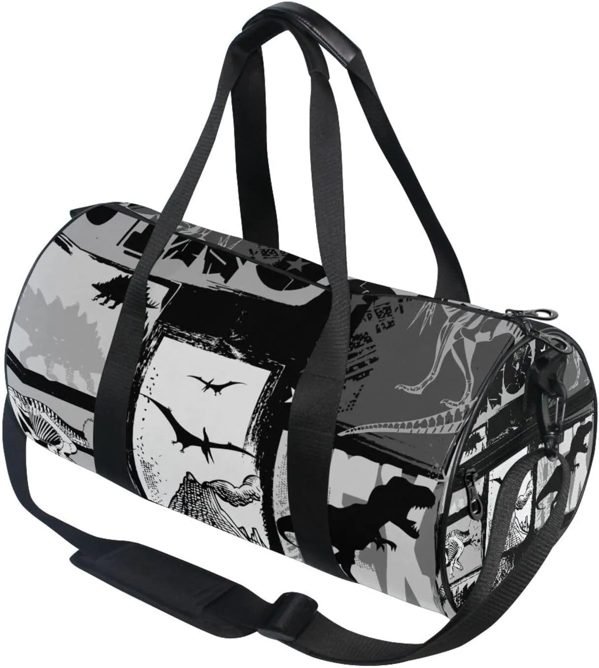 Seamless Dinosaurs White Black Patchwork Portable Gym Bag, Travel Bag, Luggage bag, Sports Bag, Toiletry Bag with Handles, Detachable Shoulder Strap 17.6 x 9 x 9 inch