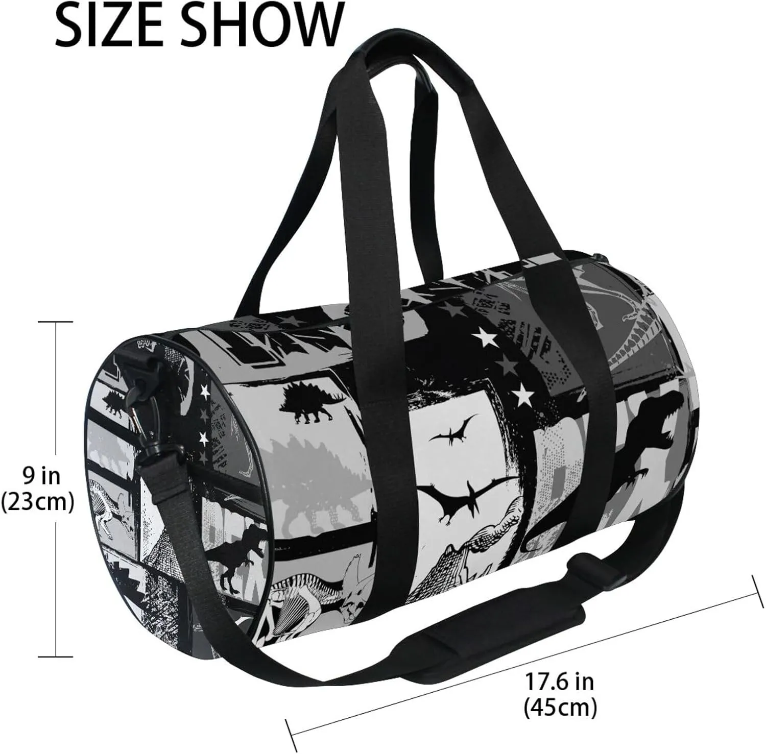 Seamless Dinosaurs White Black Patchwork Portable Gym Bag, Travel Bag, Luggage bag, Sports Bag, Toiletry Bag with Handles, Detachable Shoulder Strap 17.6 x 9 x 9 inch