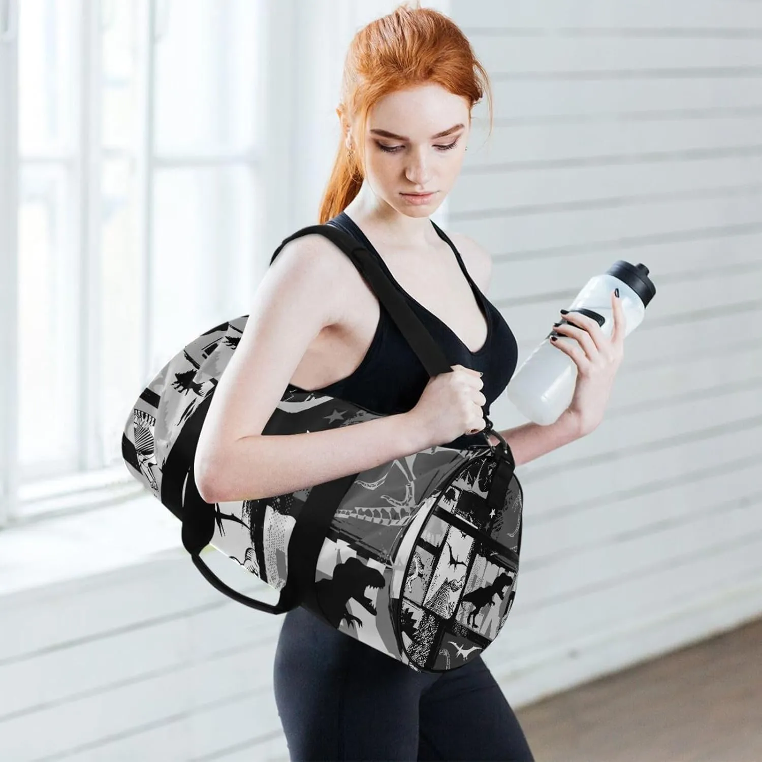 Seamless Dinosaurs White Black Patchwork Portable Gym Bag, Travel Bag, Luggage bag, Sports Bag, Toiletry Bag with Handles, Detachable Shoulder Strap 17.6 x 9 x 9 inch