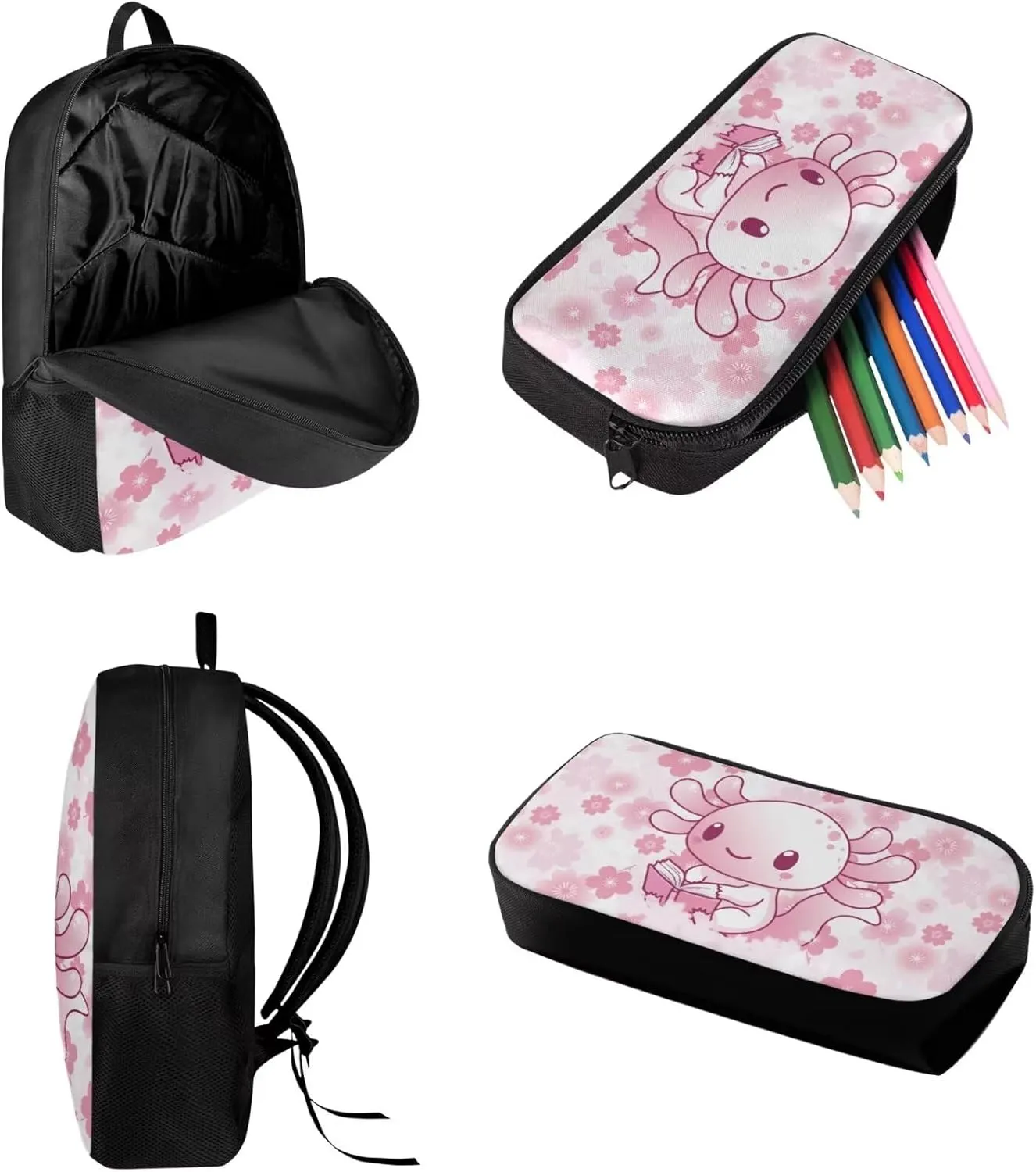 SEANATIVE Axolotl Cherry Blossm Shoulder Straps Bookbag 3 in 1, Large Tops Shoulder Backpack Including Thermal Insulted Lunch Box and Pencil Case Set for Girls Rucksack