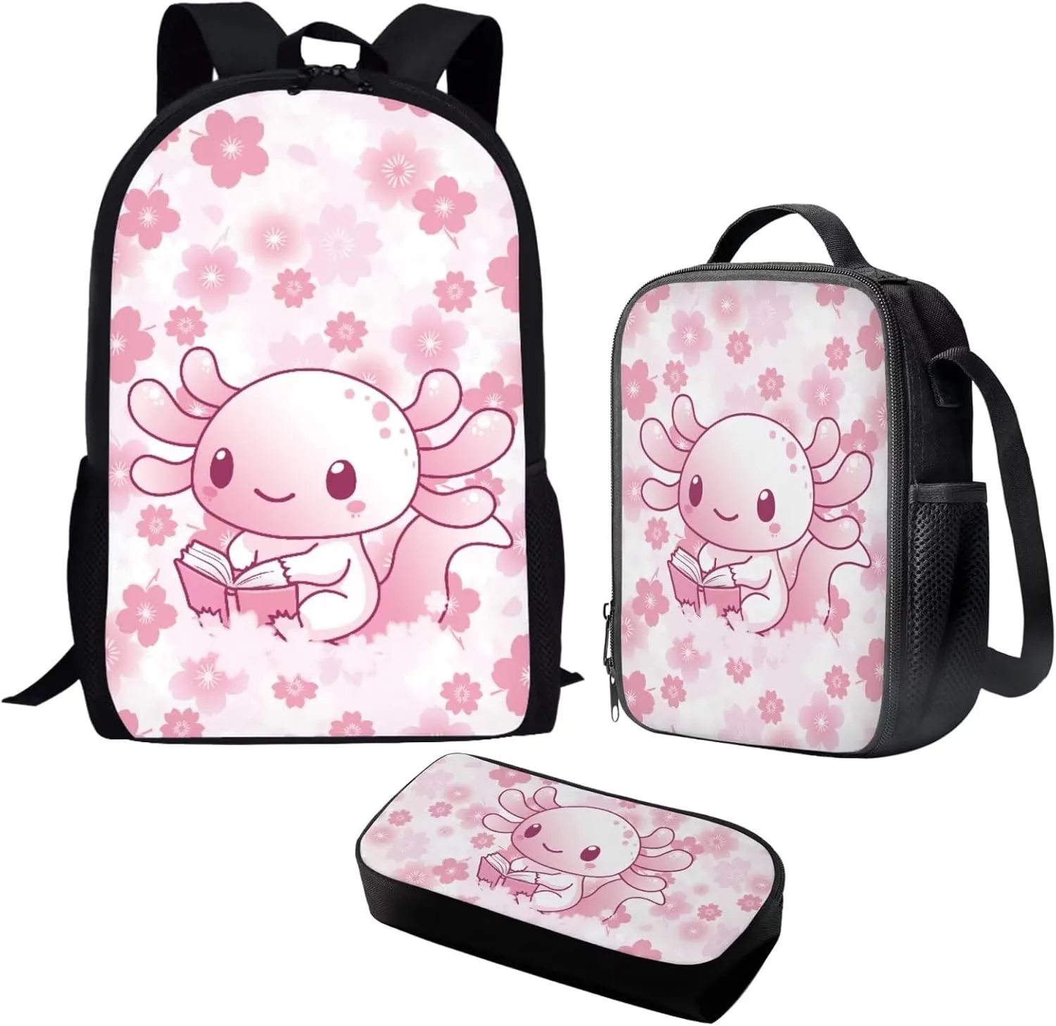 SEANATIVE Axolotl Cherry Blossm Shoulder Straps Bookbag 3 in 1, Large Tops Shoulder Backpack Including Thermal Insulted Lunch Box and Pencil Case Set for Girls Rucksack