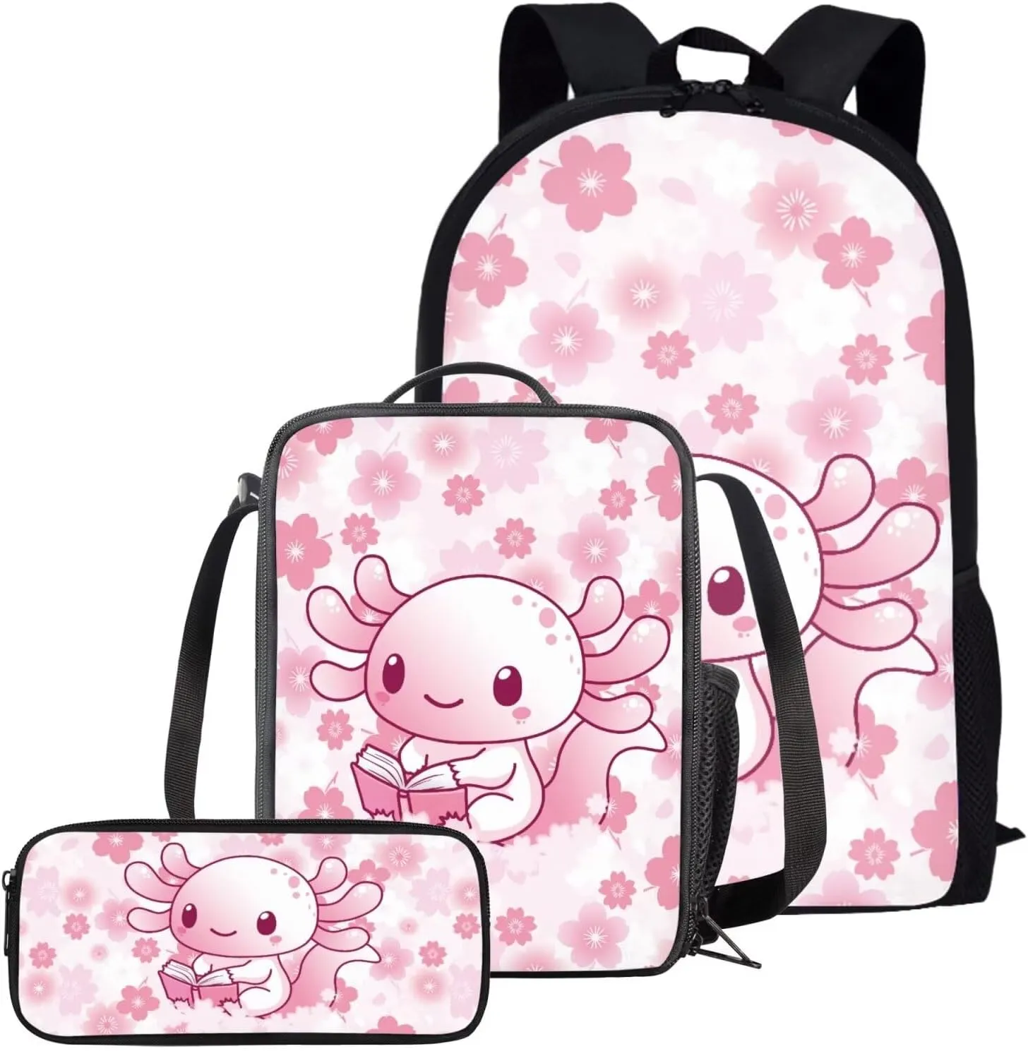 SEANATIVE Axolotl Cherry Blossm Shoulder Straps Bookbag 3 in 1, Large Tops Shoulder Backpack Including Thermal Insulted Lunch Box and Pencil Case Set for Girls Rucksack