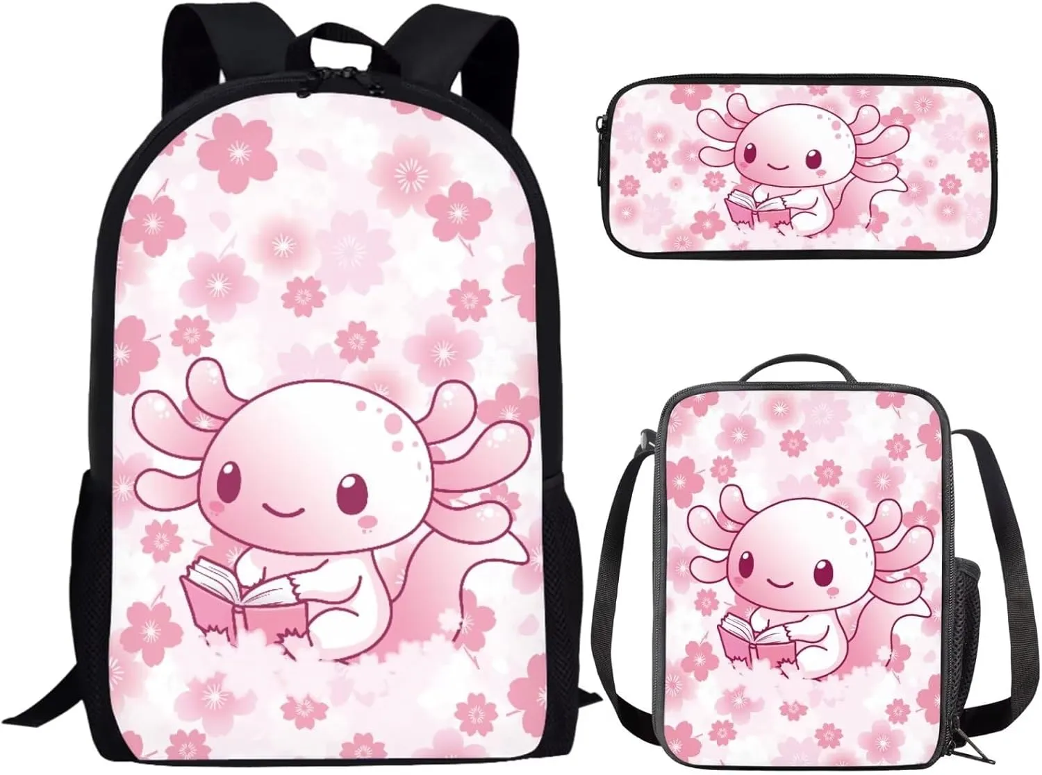 SEANATIVE Axolotl Cherry Blossm Shoulder Straps Bookbag 3 in 1, Large Tops Shoulder Backpack Including Thermal Insulted Lunch Box and Pencil Case Set for Girls Rucksack