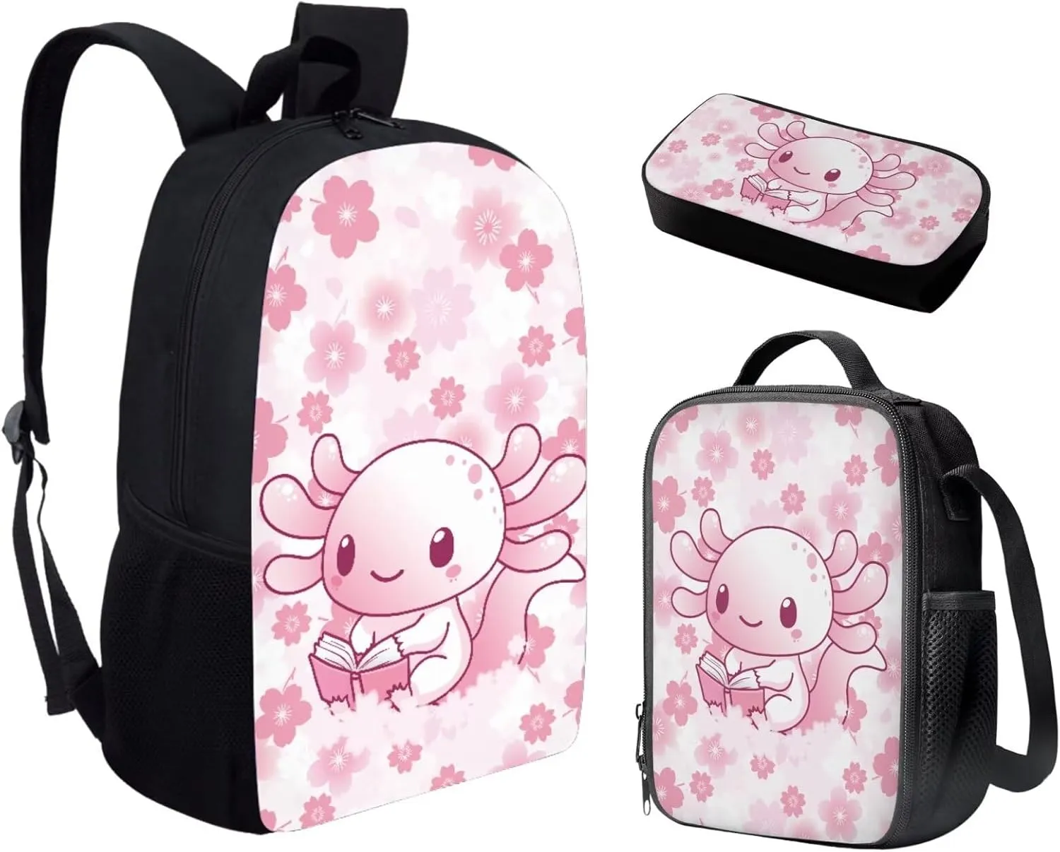 SEANATIVE Axolotl Cherry Blossm Shoulder Straps Bookbag 3 in 1, Large Tops Shoulder Backpack Including Thermal Insulted Lunch Box and Pencil Case Set for Girls Rucksack