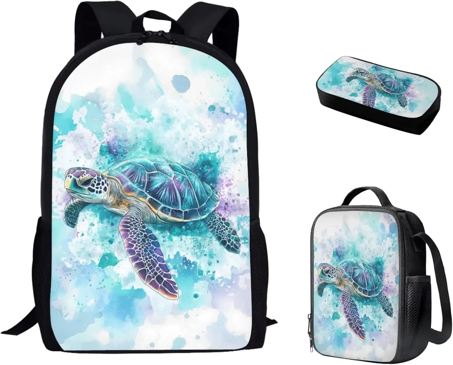 SEANATIVE Blue Turtle Kids 3 Pieces Backpack with Lunch Bag and Pencil Pencil Case,Shoulder Straps Schoolbag Zipper Around,Portable Schoolbag for Boys School Supplies