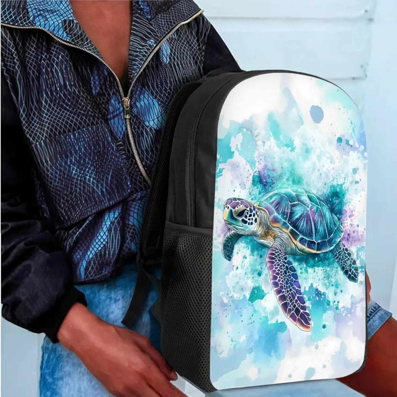 SEANATIVE Blue Turtle Kids 3 Pieces Backpack with Lunch Bag and Pencil Pencil Case,Shoulder Straps Schoolbag Zipper Around,Portable Schoolbag for Boys School Supplies
