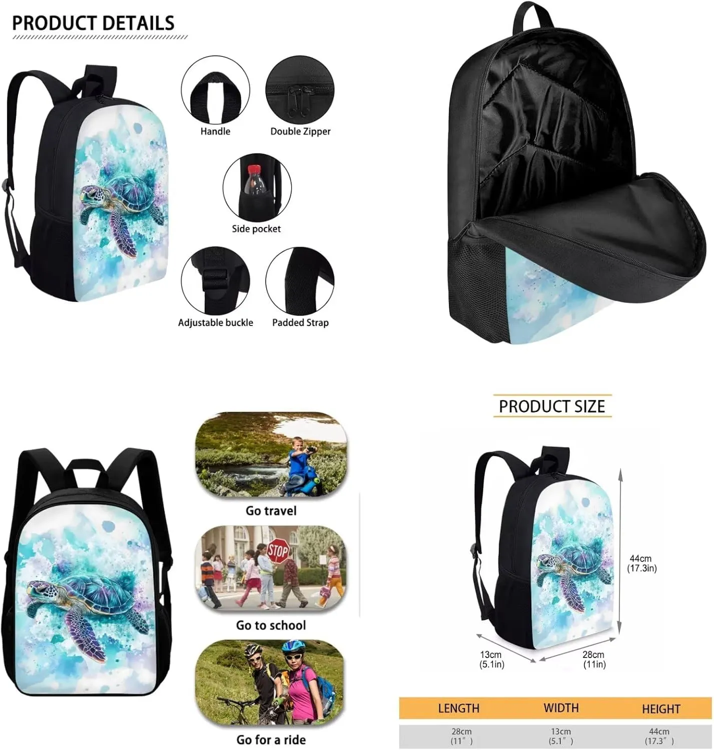 SEANATIVE Blue Turtle Kids 3 Pieces Backpack with Lunch Bag and Pencil Pencil Case,Shoulder Straps Schoolbag Zipper Around,Portable Schoolbag for Boys School Supplies