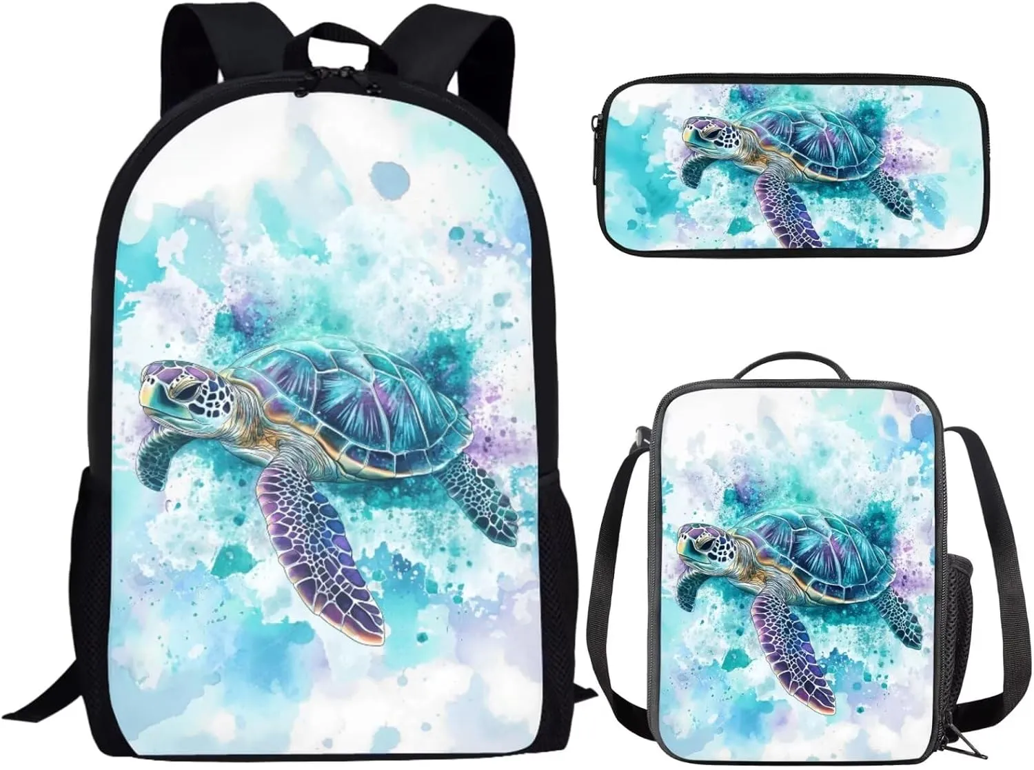 SEANATIVE Blue Turtle Kids 3 Pieces Backpack with Lunch Bag and Pencil Pencil Case,Shoulder Straps Schoolbag Zipper Around,Portable Schoolbag for Boys School Supplies