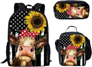 SEANATIVE Cute Cow Funny Design American Sunflower Flag Primary Junior School Backpack for Girls Women Large Capacity Bookbag Set with Lunch Bag