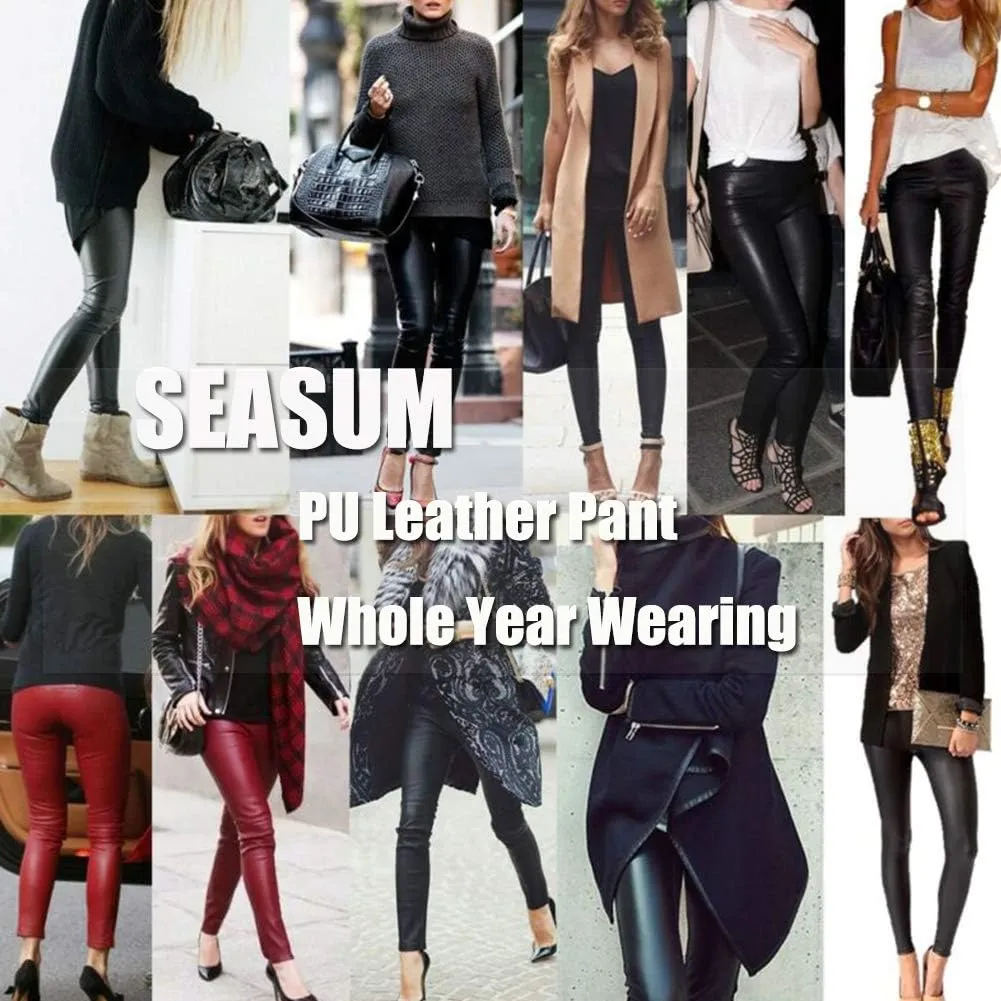 SEASUM Women's Faux Leather Leggings Pants PU Elastic Shaping Hip Push Up Black Sexy Stretchy High Waisted Tights