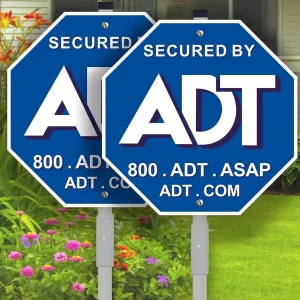Secured By ADT Security System Warning Signs, 10 inch Reflective Aluminum Safety Signs with 28" Metal Stakes, Blue, 2-Pack