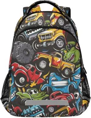 senya Travel Backpack Carry On Bookbags Crash Monster Trucks Bagpack with Reflective Strip and Mesh Side Pockets