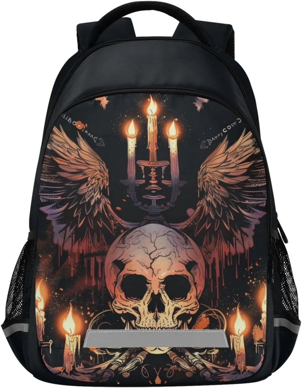 senya Travel Backpack Carry On Bookbags Skull Candlelight Bagpack with Reflective Strip and Mesh Side Pockets