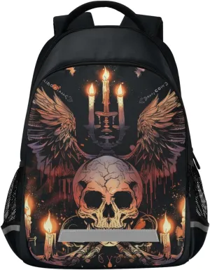 senya Travel Backpack Carry On Bookbags Skull Candlelight Bagpack with Reflective Strip and Mesh Side Pockets