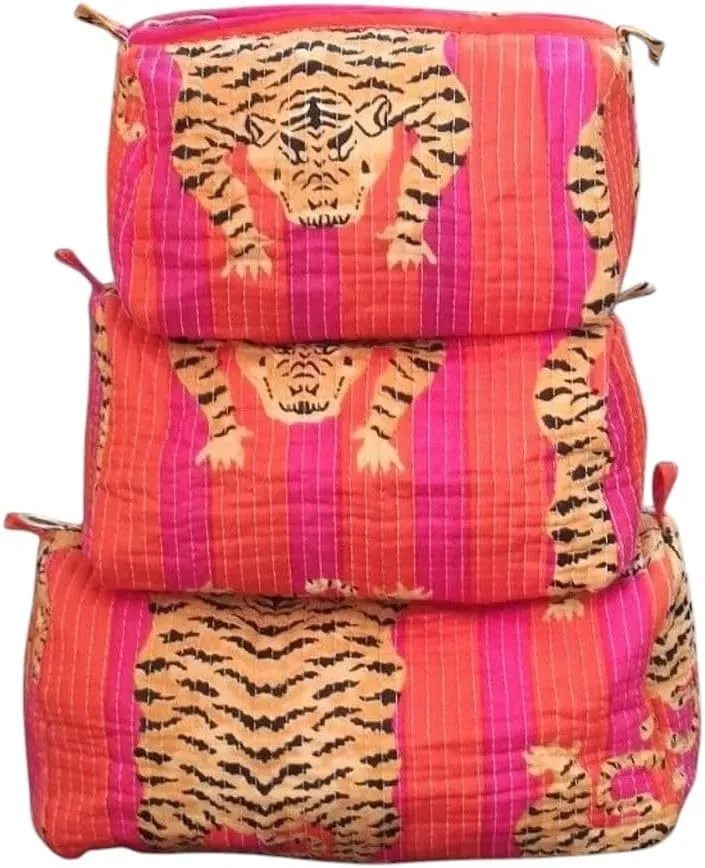 Set of 3 Pieces Block Print Designer Toiletry Bag & Makeup Case - Boho Floral Quilted Pouch for Cosmetics - Waterproof Lined Organizer for Diaper Bag, Purse, Travel, Gift, Pencils Bags (Model -02)