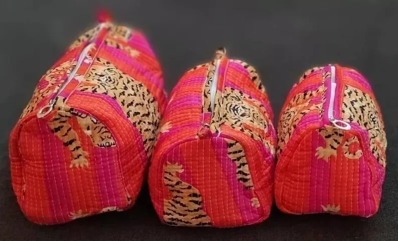 Set of 3 Pieces Block Print Designer Toiletry Bag & Makeup Case - Boho Floral Quilted Pouch for Cosmetics - Waterproof Lined Organizer for Diaper Bag, Purse, Travel, Gift, Pencils Bags (Model -02)