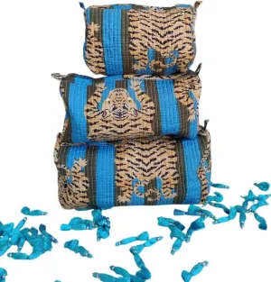 Set of 3 Pieces Block Printed Travel Organizer Kit Storage Bag for Women Makeup Bag Travel Cosmetic Bag (Blue Green Fat Tiger)
