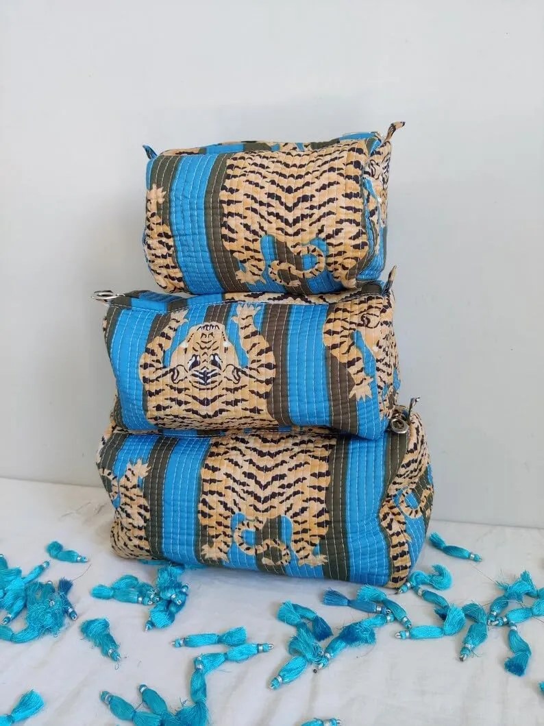 Set of 3 Pieces Block Printed Travel Organizer Kit Storage Bag for Women Makeup Bag Travel Cosmetic Bag (Blue Green Fat Tiger)