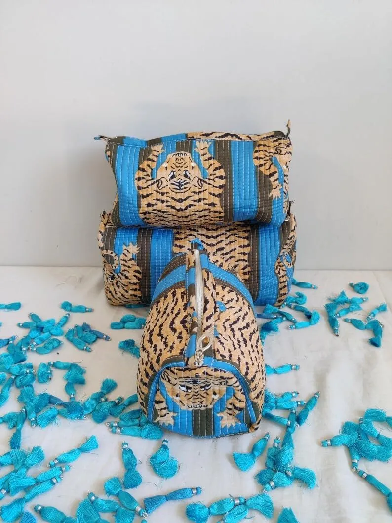 Set of 3 Pieces Block Printed Travel Organizer Kit Storage Bag for Women Makeup Bag Travel Cosmetic Bag (Blue Green Fat Tiger)