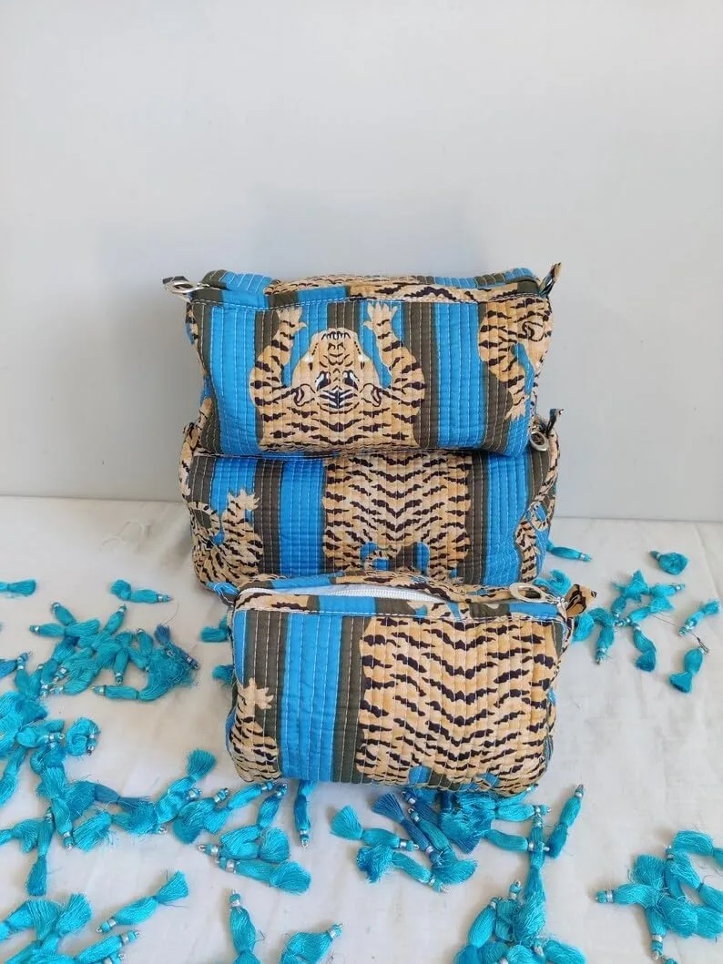 Set of 3 Pieces Block Printed Travel Organizer Kit Storage Bag for Women Makeup Bag Travel Cosmetic Bag (Blue Green Fat Tiger)