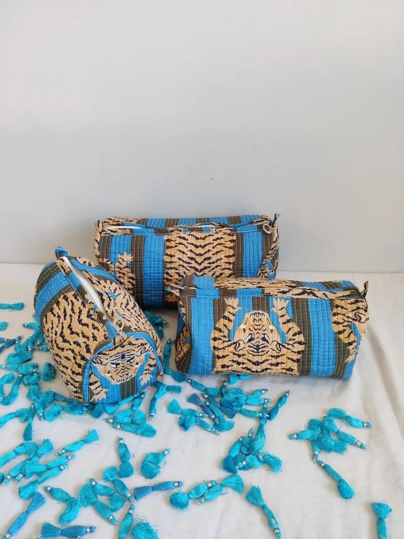 Set of 3 Pieces Block Printed Travel Organizer Kit Storage Bag for Women Makeup Bag Travel Cosmetic Bag (Blue Green Fat Tiger)