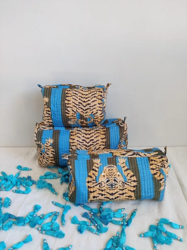 Set of 3 Pieces Block Printed Travel Organizer Kit Storage Bag for Women Makeup Bag Travel Cosmetic Bag (Blue Green Fat Tiger)
