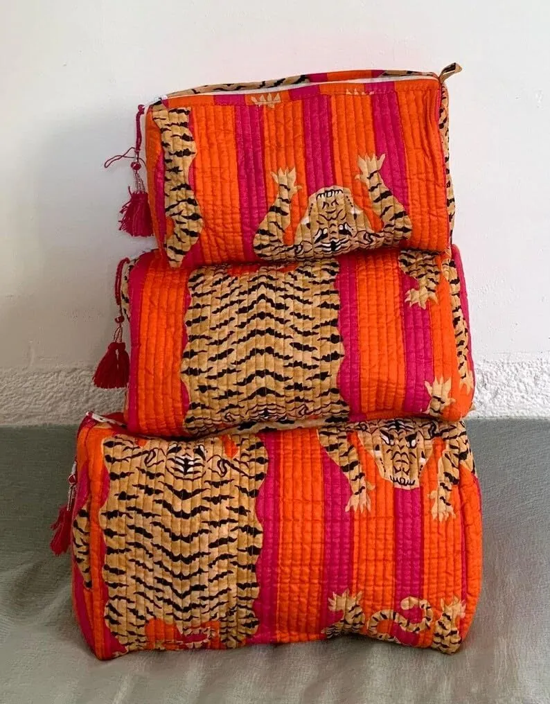 Set of 3 Pieces Block Printed Travel Organizer Kit Storage Bag for Women Makeup Bag Travel Cosmetic Bag (Orange Pink Fat Tiger)