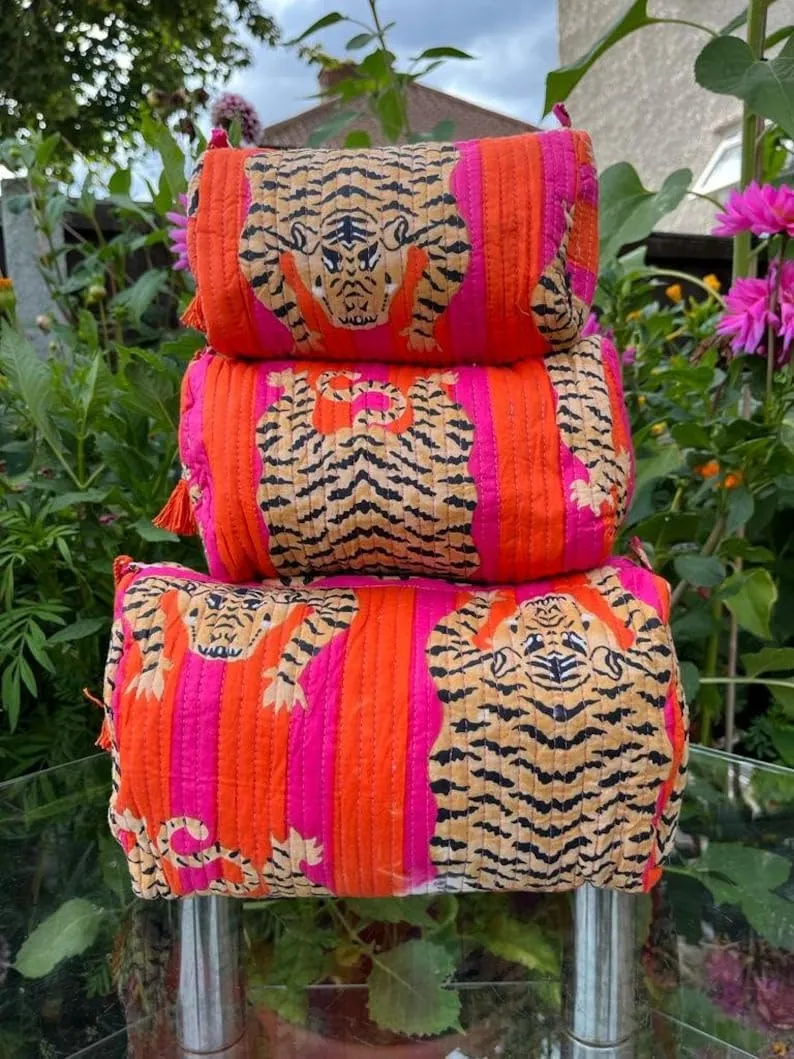 Set of 3 Pieces Block Printed Travel Organizer Kit Storage Bag for Women Makeup Bag Travel Cosmetic Bag (Orange Pink Fat Tiger)
