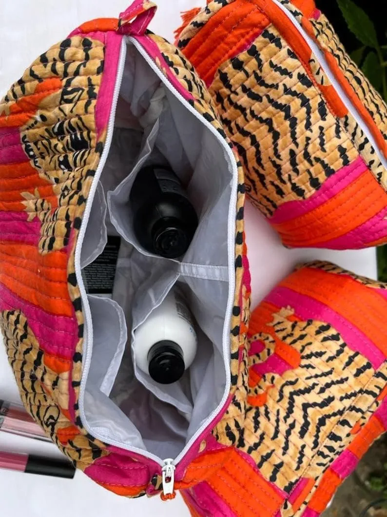 Set of 3 Pieces Block Printed Travel Organizer Kit Storage Bag for Women Makeup Bag Travel Cosmetic Bag (Orange Pink Fat Tiger)