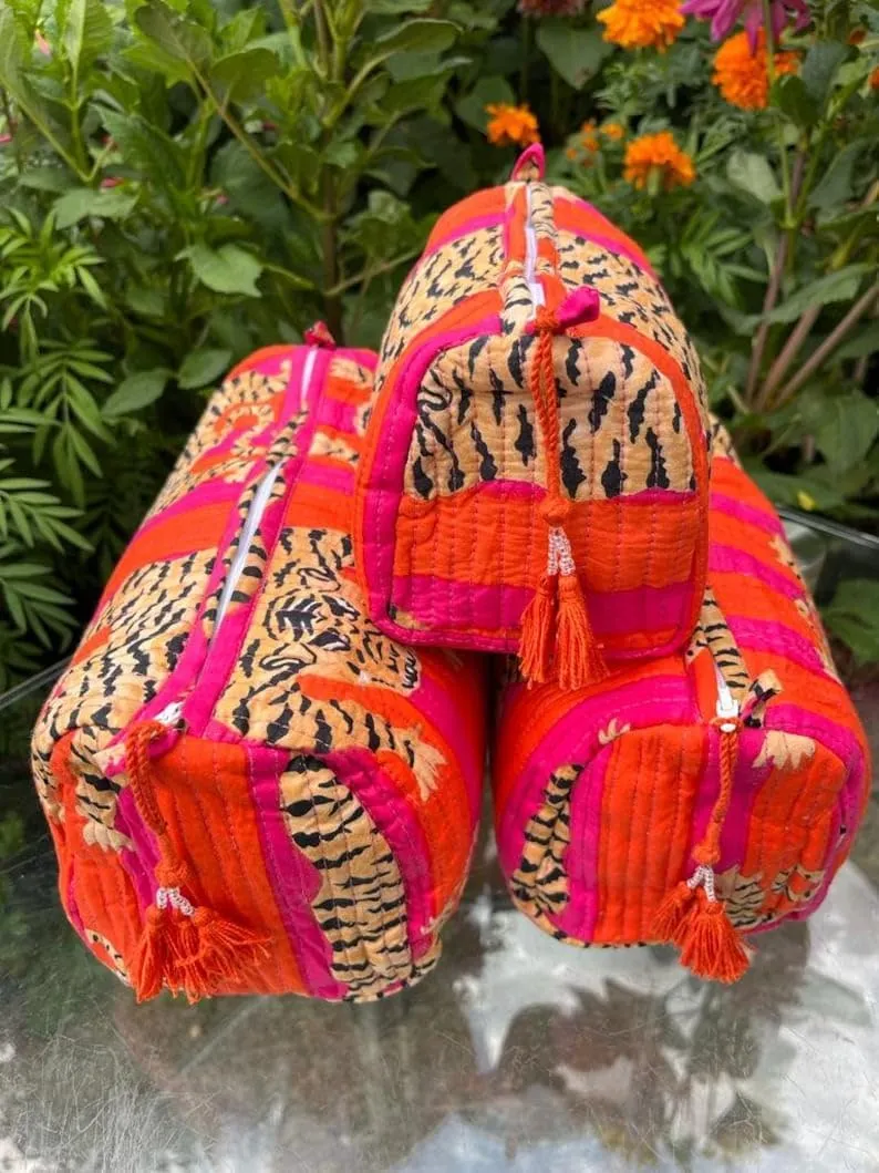 Set of 3 Pieces Block Printed Travel Organizer Kit Storage Bag for Women Makeup Bag Travel Cosmetic Bag (Orange Pink Fat Tiger)