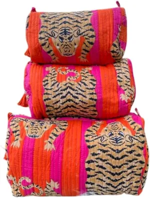 Set of 3 Pieces Block Printed Travel Organizer Kit Storage Bag for Women Makeup Bag Travel Cosmetic Bag (Orange Pink Fat Tiger)