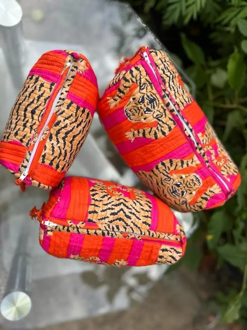 Set of 3 Pieces Block Printed Travel Organizer Kit Storage Bag for Women Makeup Bag Travel Cosmetic Bag (Orange Pink Fat Tiger)