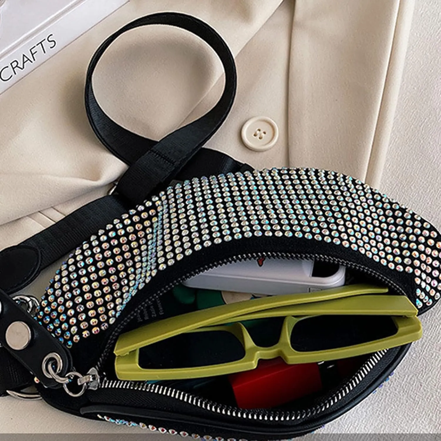 Shiny Rhinestones Crystal Waist Bag Fanny Pack for Women Girls Small Belt Bum Bag Crossbody Cell Phone Pouch for Party Beach Travel