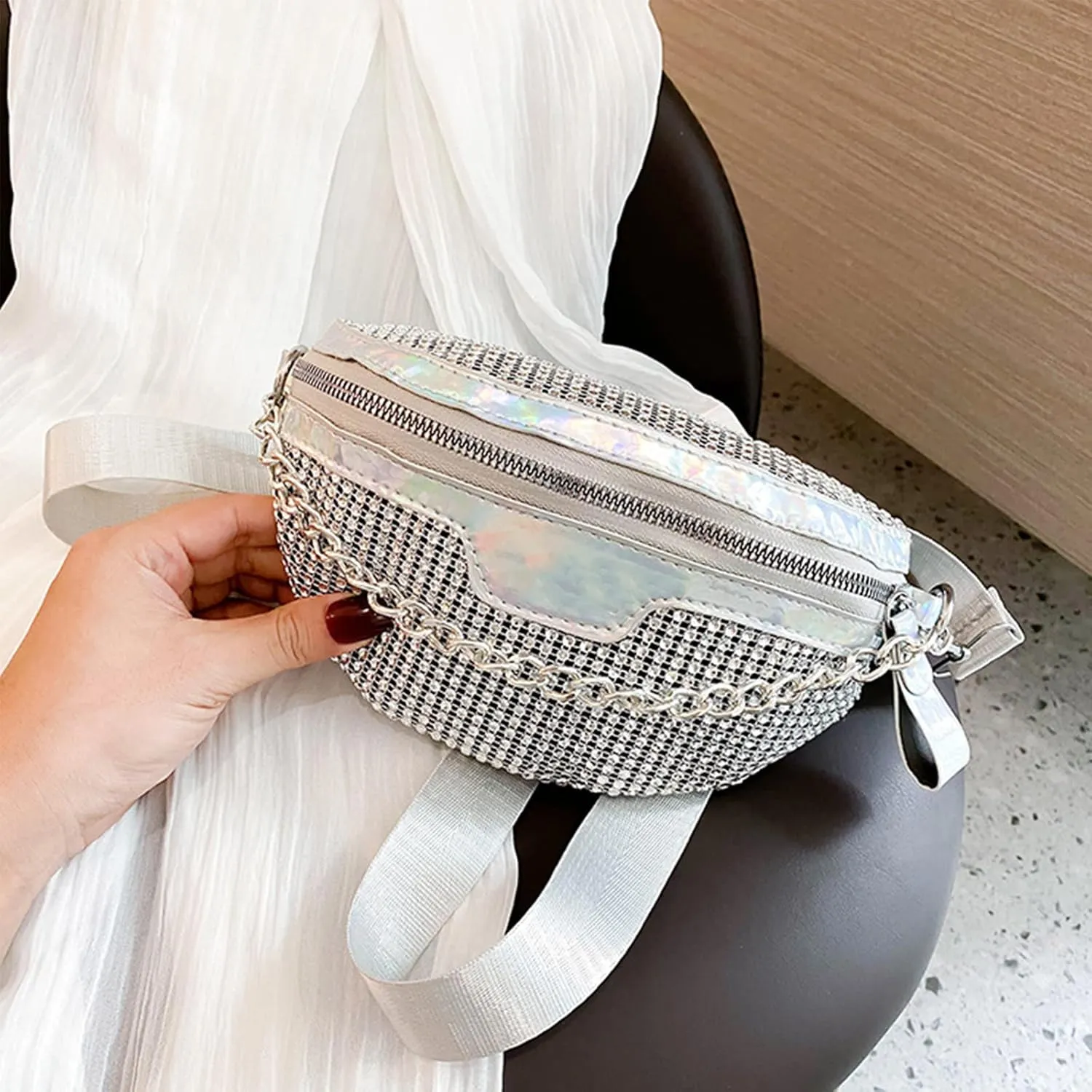 Shiny Rhinestones Crystal Waist Bag Fanny Pack for Women Girls Small Belt Bum Bag Crossbody Cell Phone Pouch for Party Beach Travel