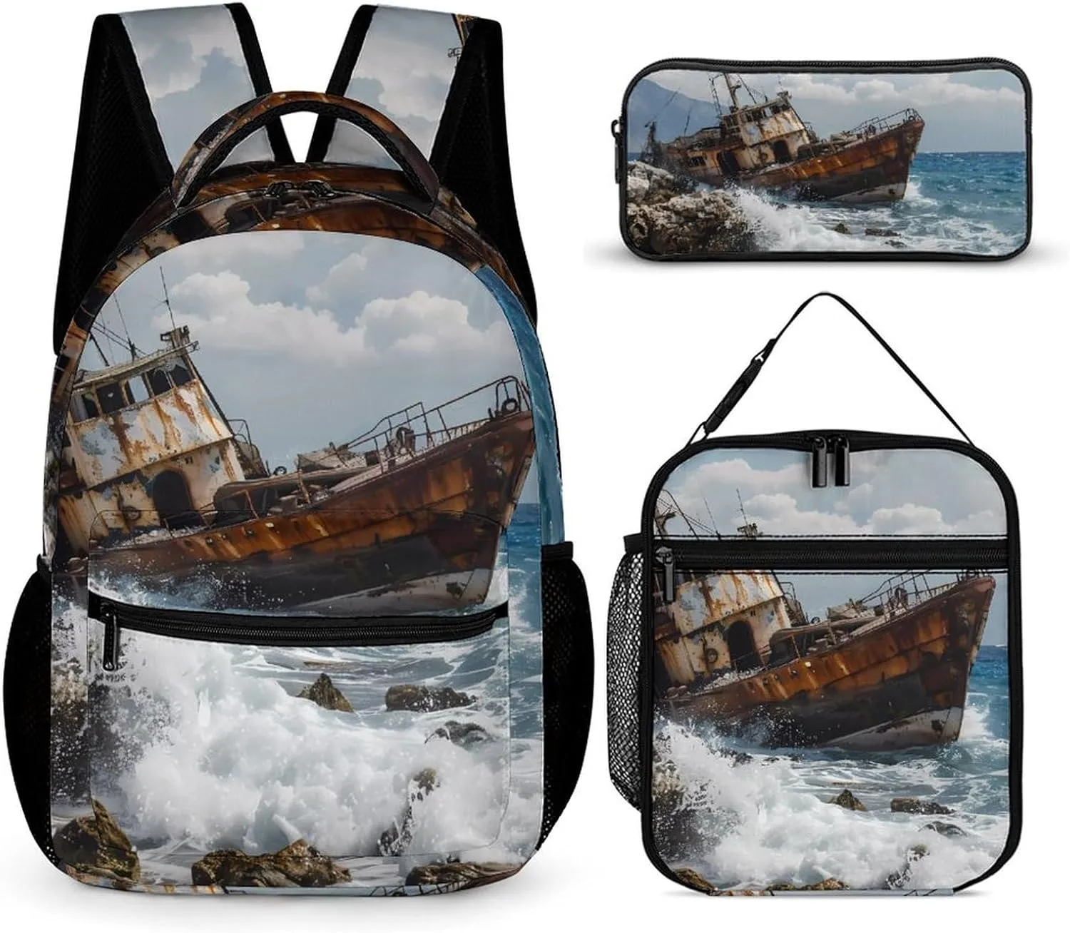 Shipwreck Waves Reef Travel Backpack Lunch Box Pencil Case 3Pcs Set Makeup Bag for Men Women Office Outing University
